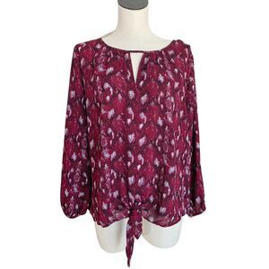 West Kei Key Hole Boho Tie Front Roll Long Sleeve Blouse Top Women XL Casual